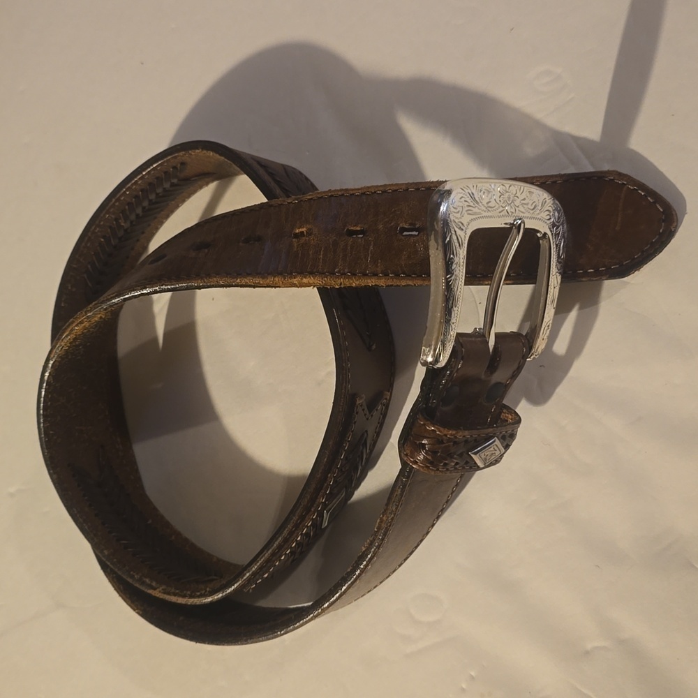 Vintage Western Belt Brown Top Grain Leather Woven detail Silver emblem Sz.L